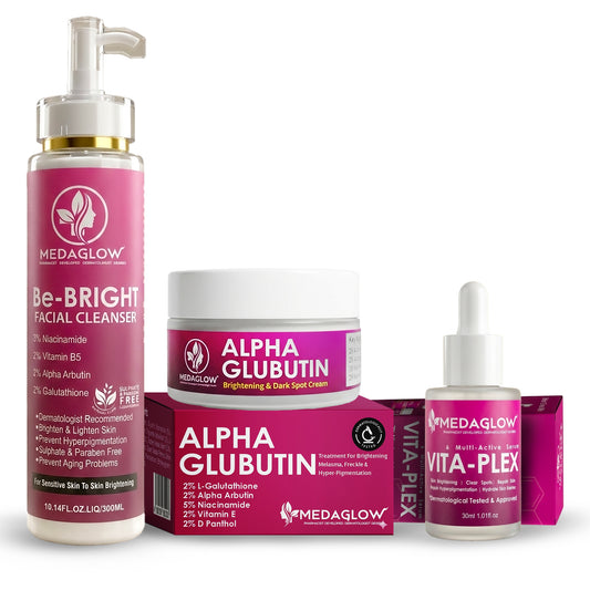 Medaglow 3-Step Skin Brightening Kit for Melasma and Hyperpigmentation – Includes Be-Bright Facial Cleanser, Vita-Plex Serum, and Alpha Glubutin Night Cream for Dark Spot Removal."